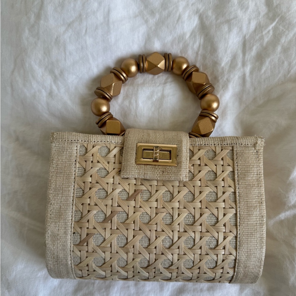 Beige Woven Handbag with Gold Accents
